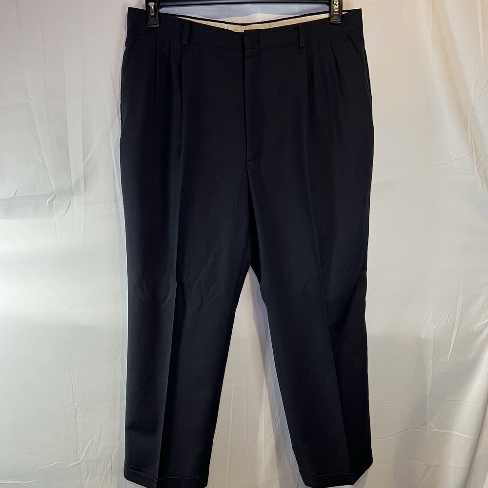 Mens Slacks Dress Pants Size 38x30 Navy Blue Poly Wool Blend Cuffed Hem Pleated